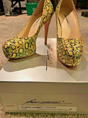 BRIAN ATWOOD Women's Yellow & Green Maniac Painted Snake Python Pump Size 7 NEW